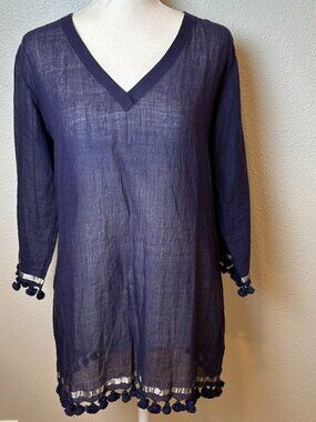 NWOT joshi Nandita Joshi Blue Gauze Tunic Dress Pom Pom Cover Up Sm Boho Resort